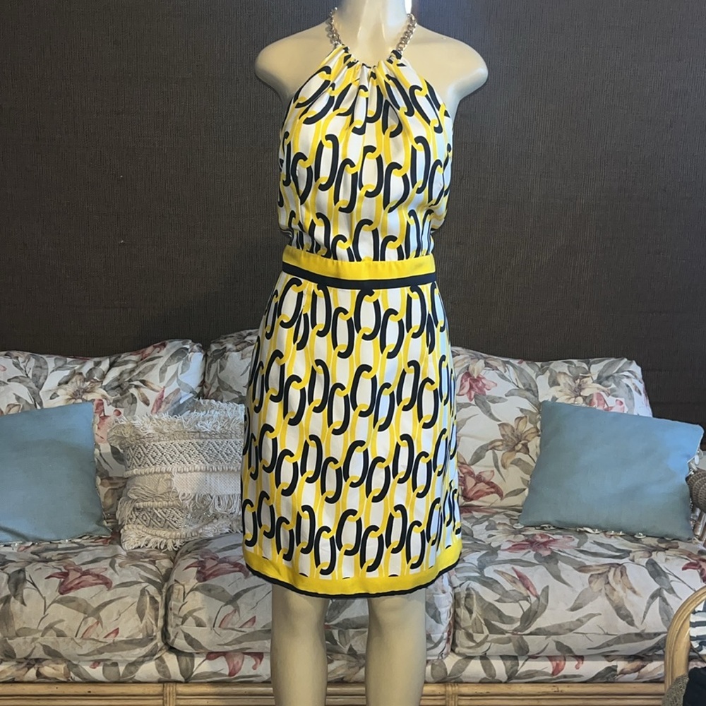 Milly 100% Silk Chain Link Halter Navy & Yellow - Picture 5 of 11